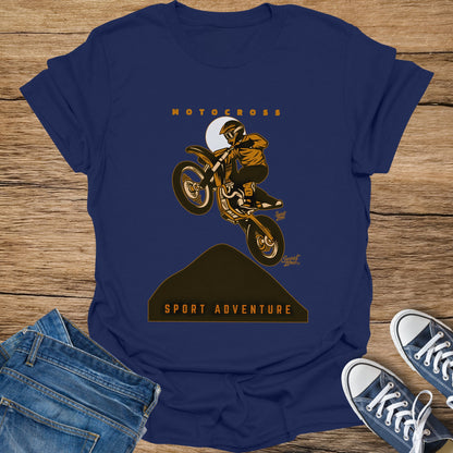 Navy t-shirt with graphics of a motocross rider jumping, text "MOTOCROSS SPORT ADVENTURE".