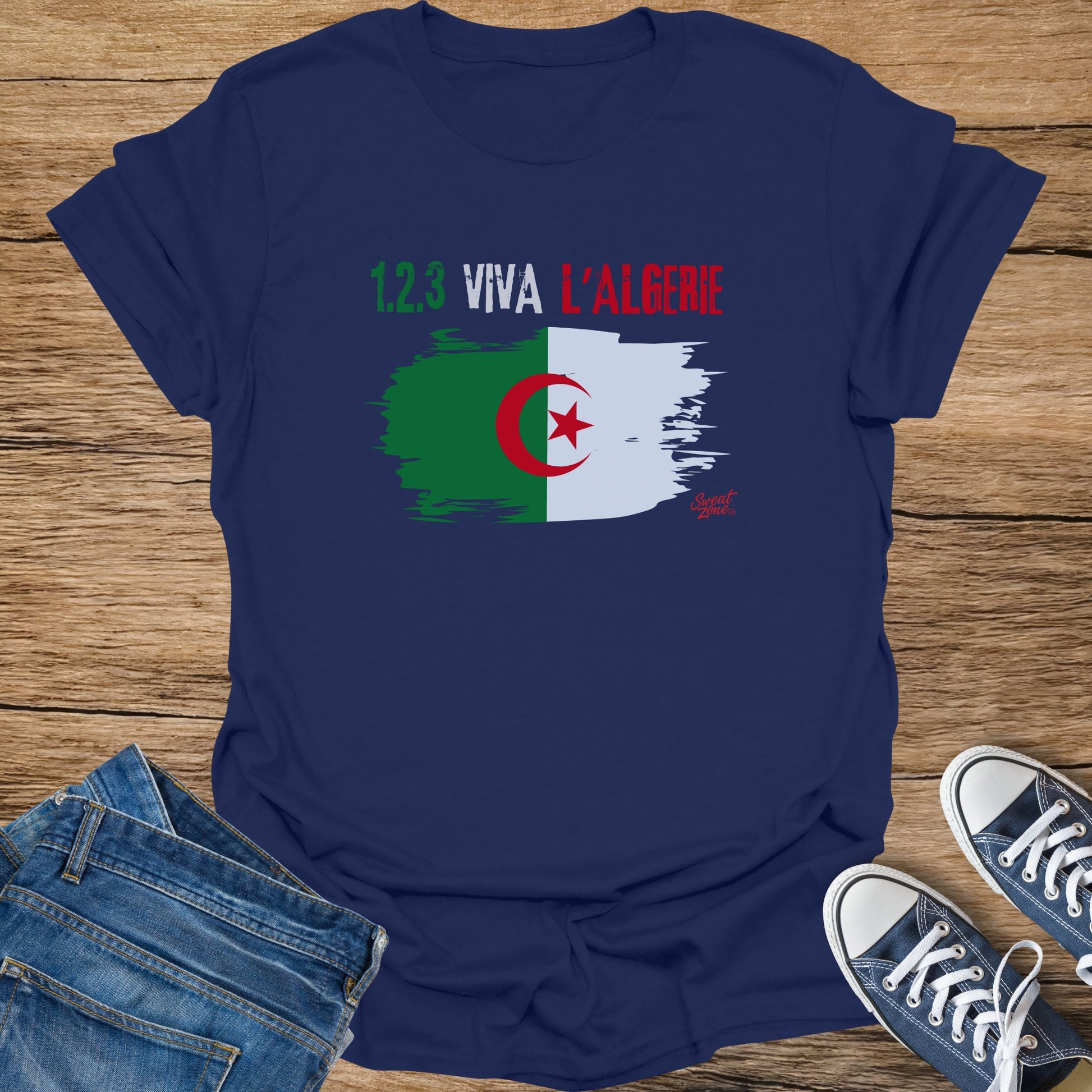 Navy t-shirt with the text "1.2.3 VIVA L'ALGERIE" and the Algerian flag.