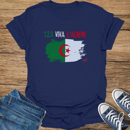 Navy t-shirt with the text "1.2.3 VIVA L'ALGERIE" and the Algerian flag.
