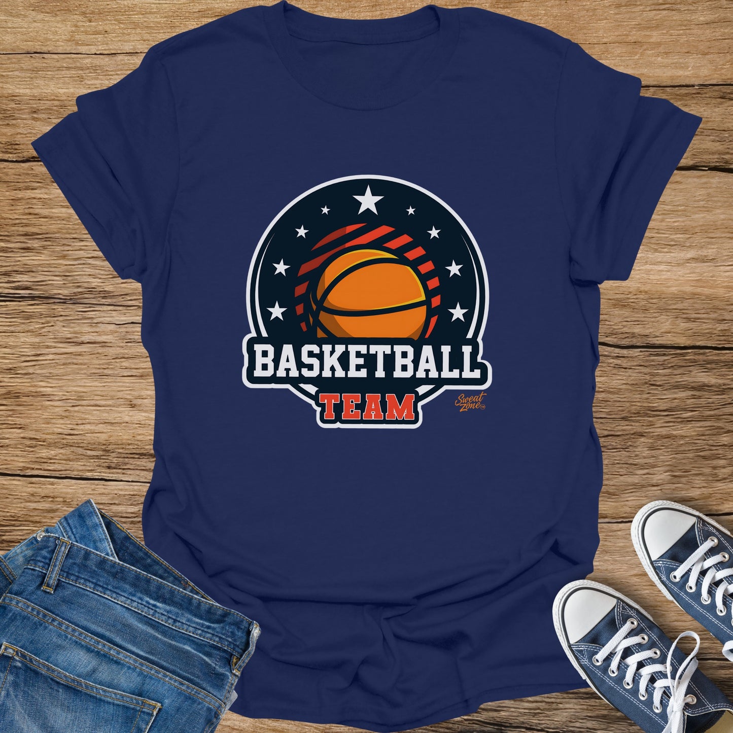 Navy t-shirt with basketball team logo featuring a basketball and stars.