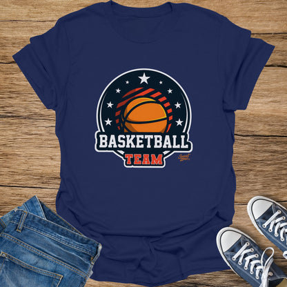 Navy t-shirt with basketball team logo featuring a basketball and stars.
