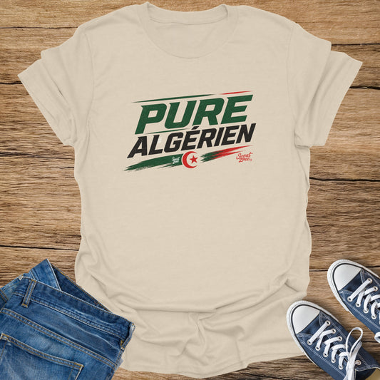 Beige t-shirt with "PURE ALGÉRIEN" text and Algerian flag emblem.