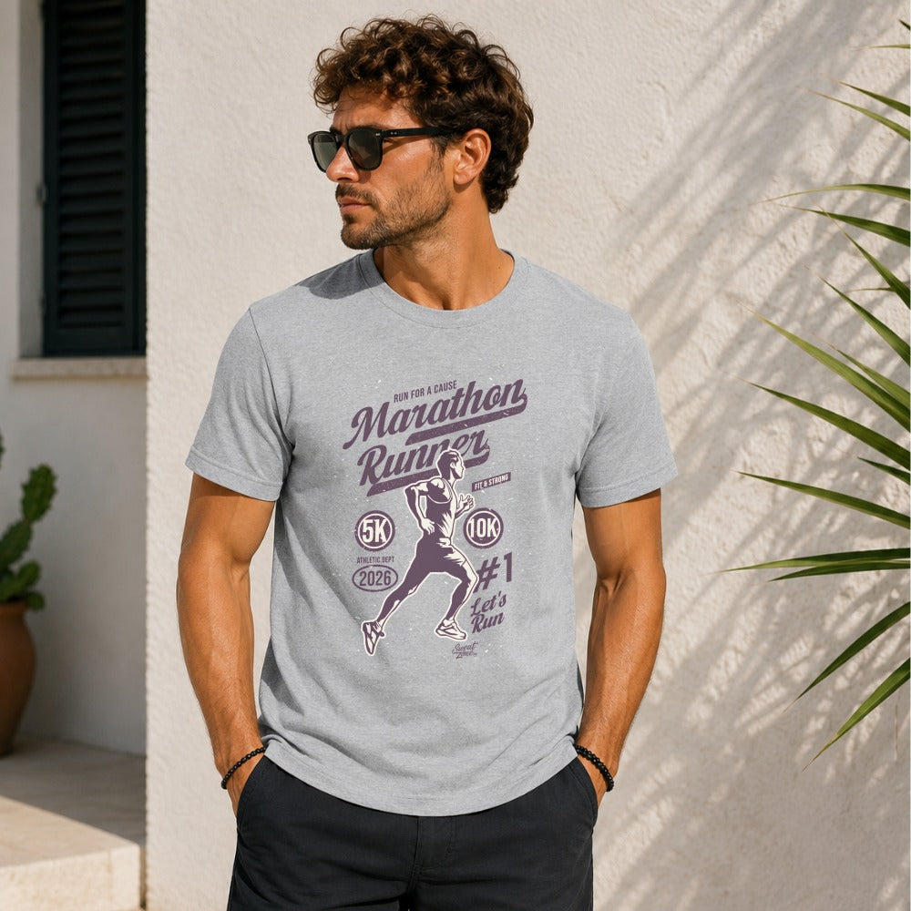 Marathon Runner "Run for a Cause" t-shirt with runner graphic, 5k, 10k, and #1.