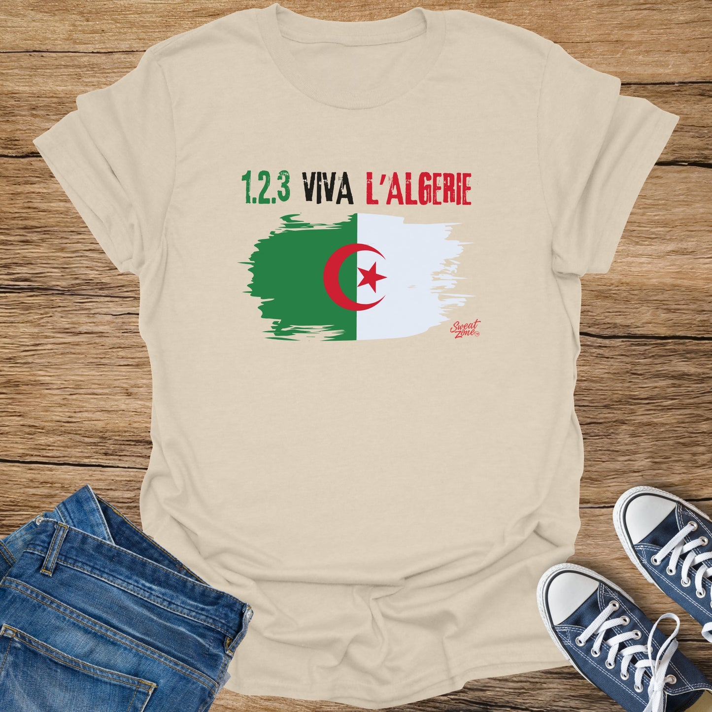 T-shirt with "1.2.3 VIVA L'ALGERIE" and Algerian flag design.