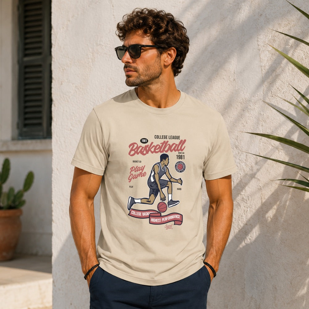T-shirt with a "College League Basketball 1981" graphic featuring a player.