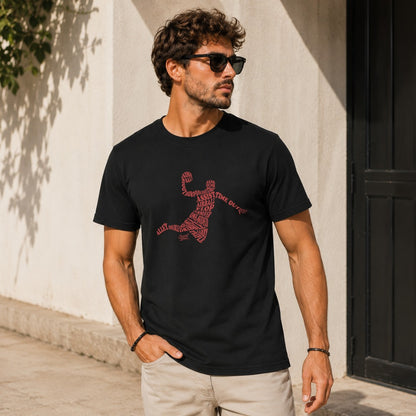 Black t-shirt with a basketball player silhouette made of red text.