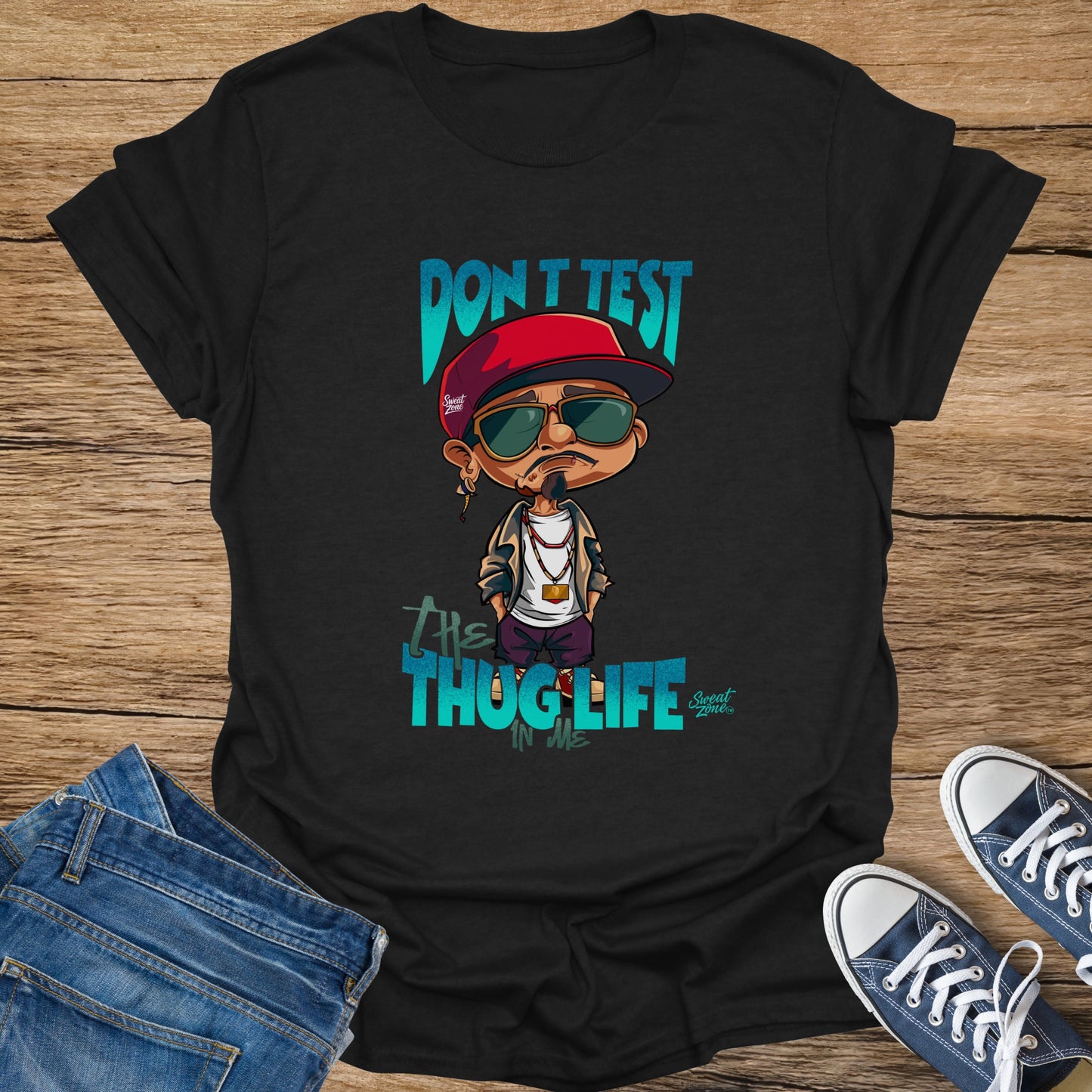 Black t-shirt with cartoon graphic and text "Don't Test The Thug Life In Me".