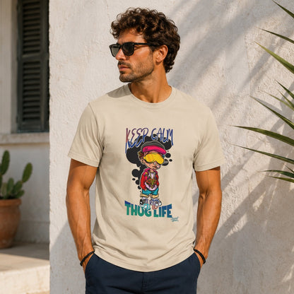 Light tan t-shirt with cartoon character and text "KEEP CALM THUG LIFE".