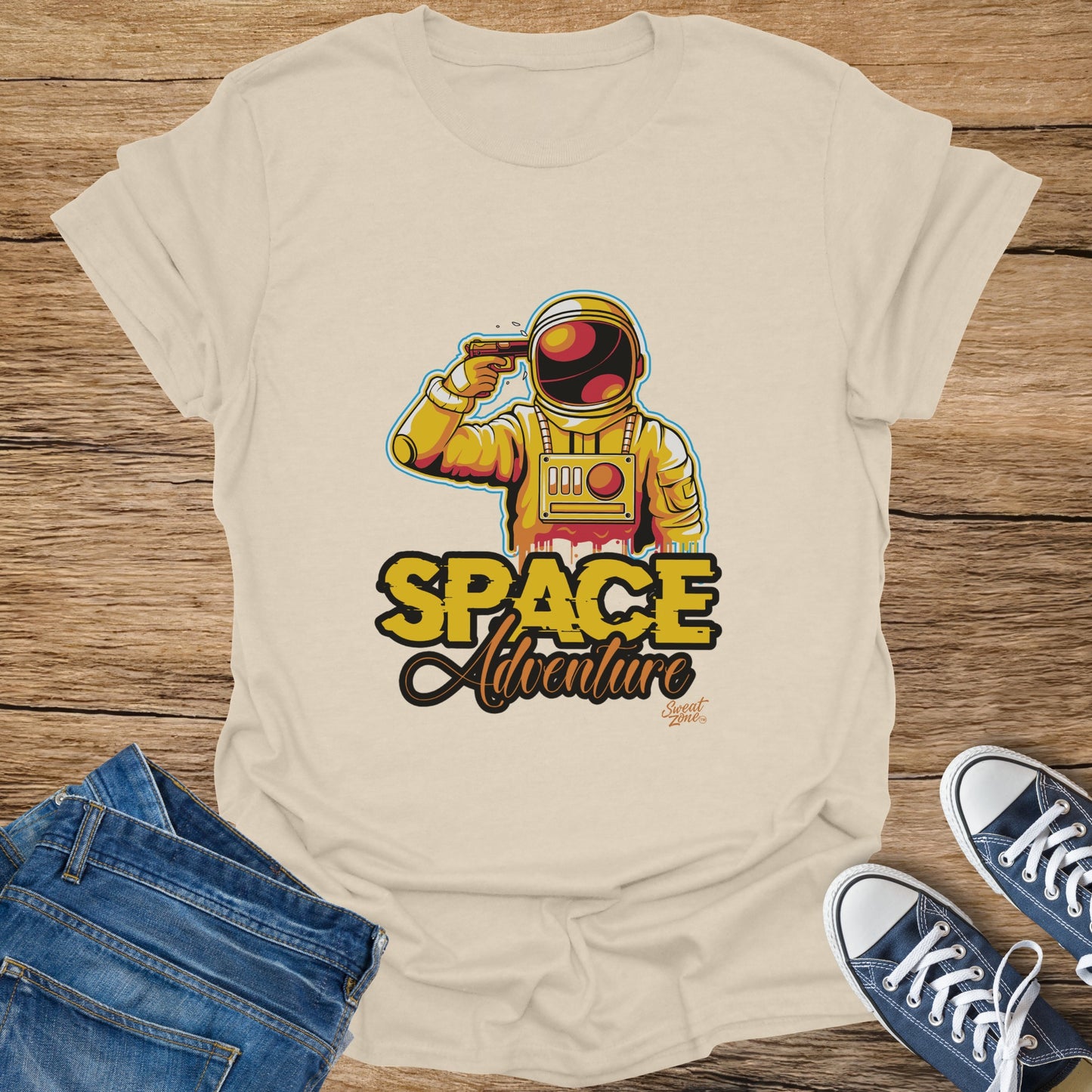T-shirt with graphic of astronaut with gun to head, text "SPACE Adventure".