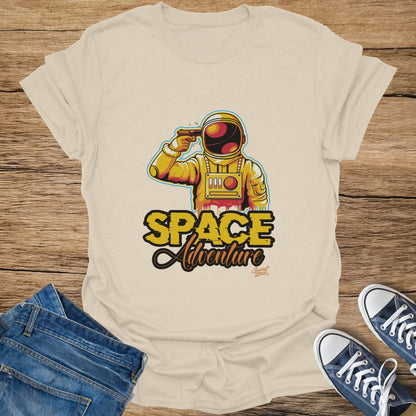T-shirt with graphic of astronaut with gun to head, text "SPACE Adventure".