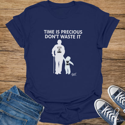 Navy t-shirt with "Time is Precious Don't Waste It" and hourglass figures.