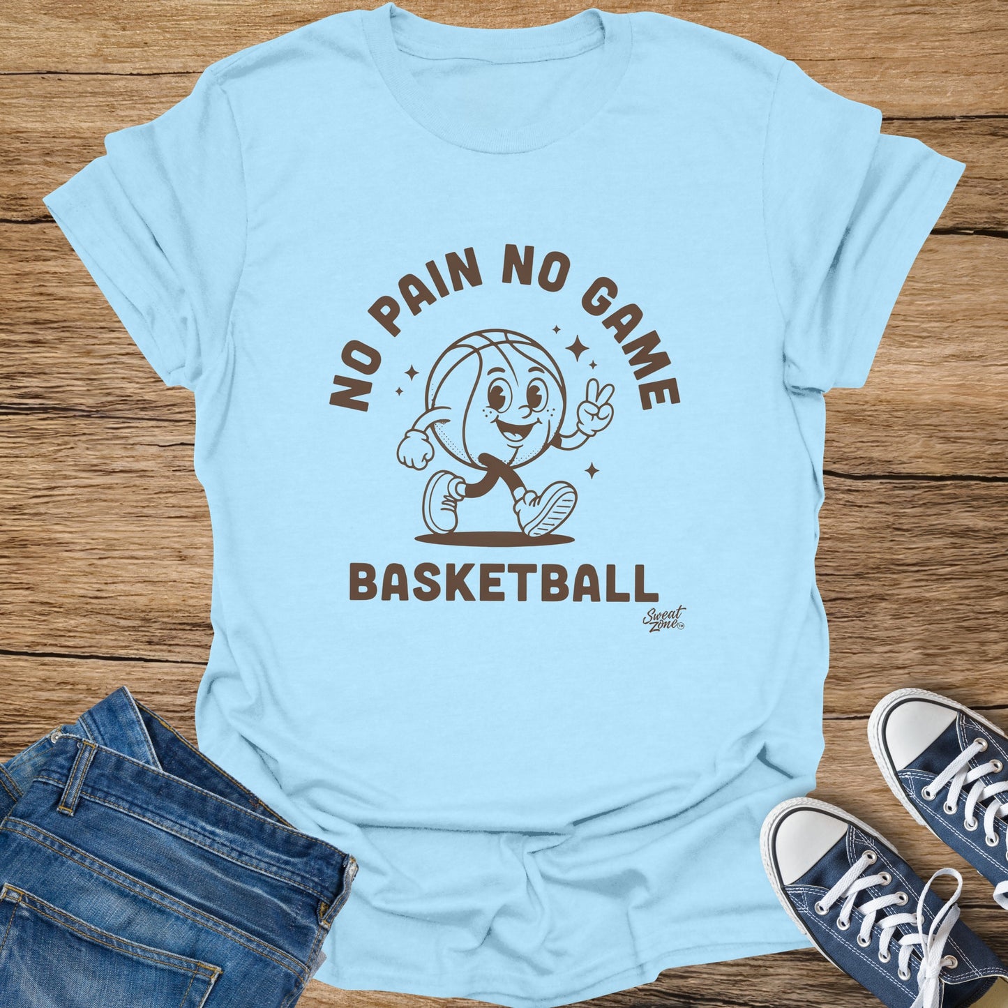 Pale blue t-shirt with a cartoon basketball character saying "No Pain No Game Basketball."