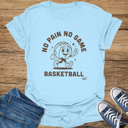 Pale blue t-shirt with a cartoon basketball character saying "No Pain No Game Basketball."