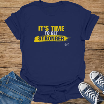 Navy t-shirt with yellow text "IT'S TIME TO GET STRONGER".