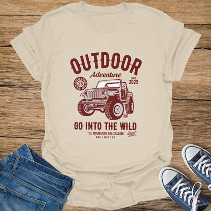 T-shirt with "Outdoor Adventure Since 2025" text and jeep graphic.
