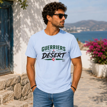Light blue t-shirt with "Guerriers du Désert" text and a small flag.