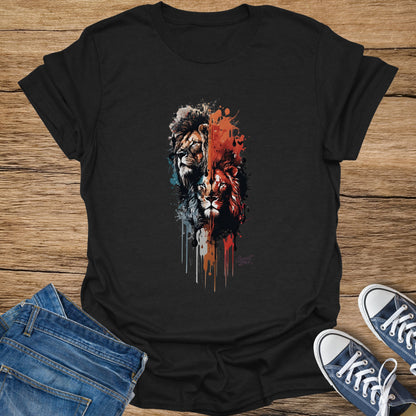 Black t-shirt featuring a painted splatter design of two lions.