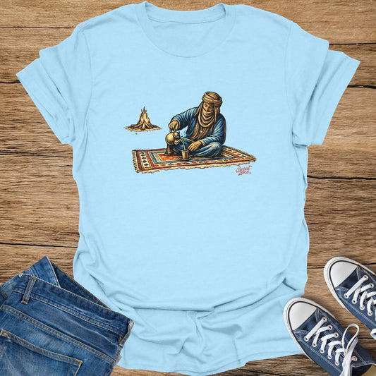 Illustration of a person in traditional headdress pouring tea by a campfire on a rug.
