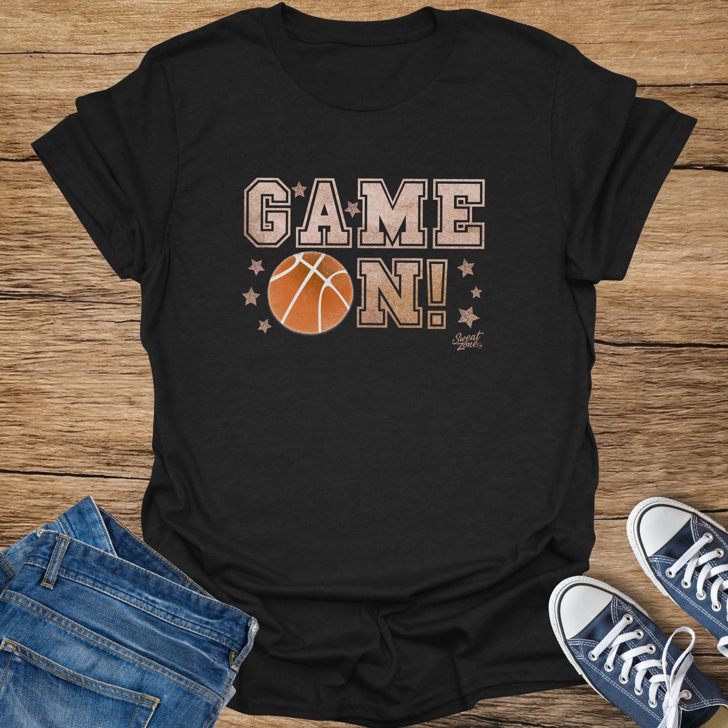 Black t-shirt with "GAME ON!" text and basketball graphic.