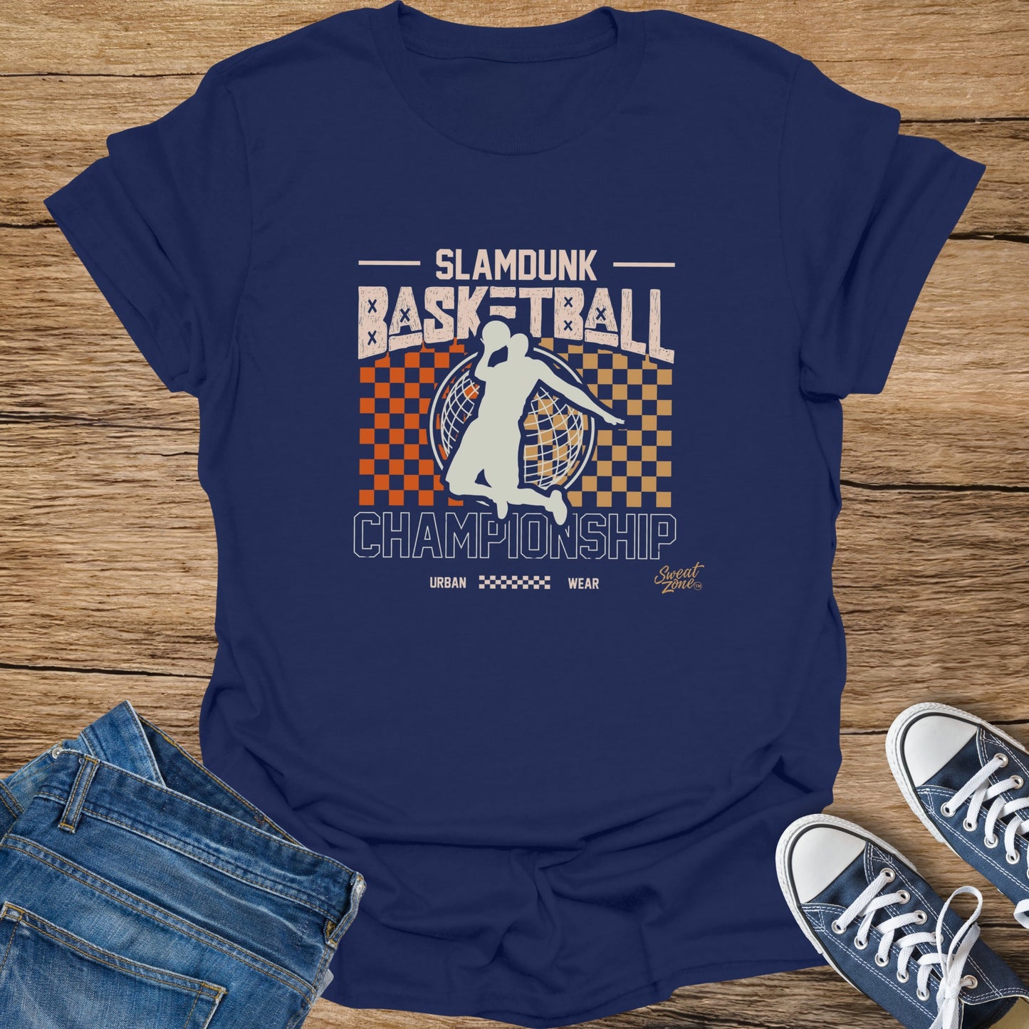 Navy t-shirt with "Slamdunk Basketball Championship Urban Wear" graphic.