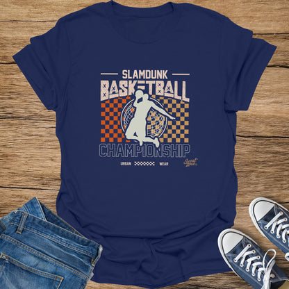 Navy t-shirt with "Slamdunk Basketball Championship Urban Wear" graphic.