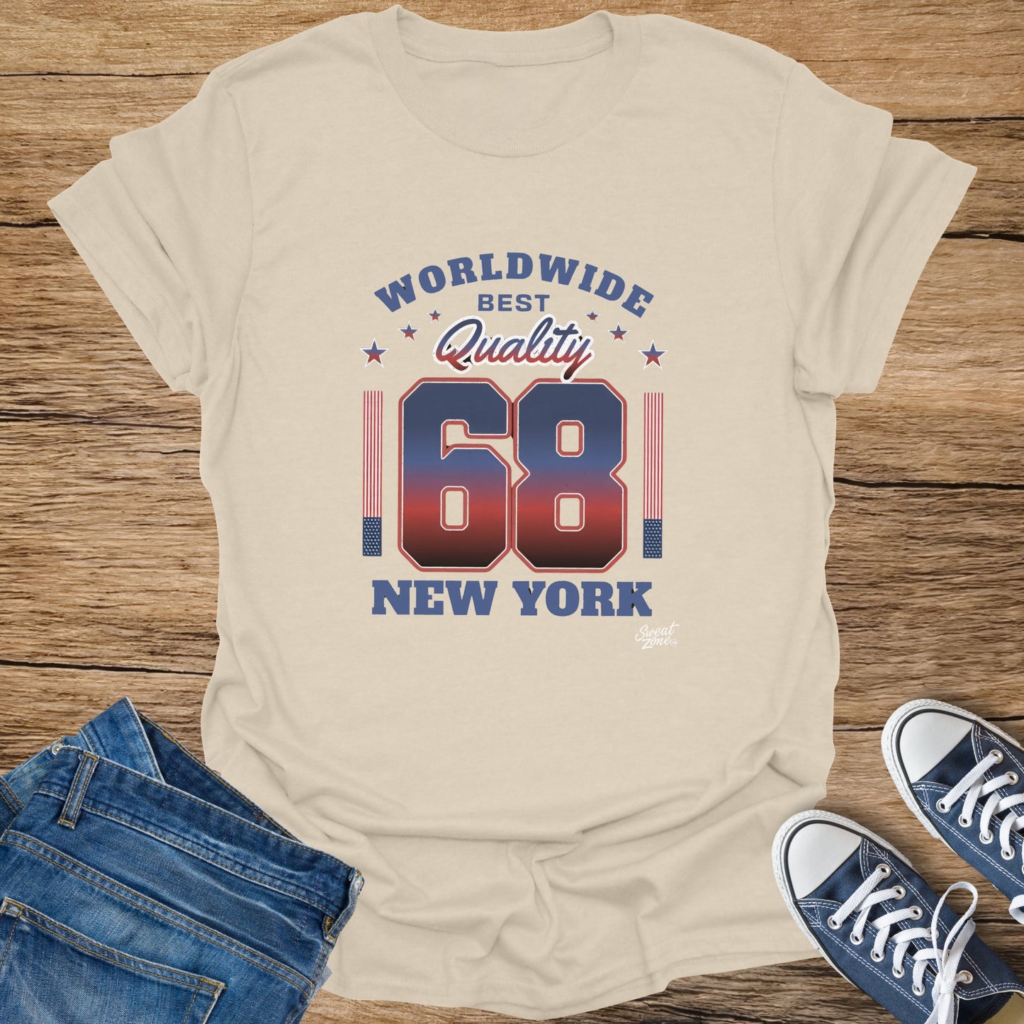 Cream t-shirt with "Worldwide Best Quality 68 New York" graphic and US flag accents.