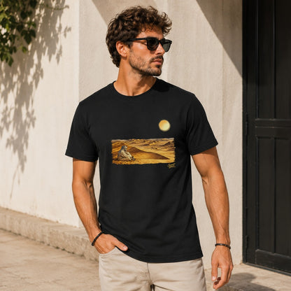 Black t-shirt with desert scene print featuring a person sitting in sand dunes.