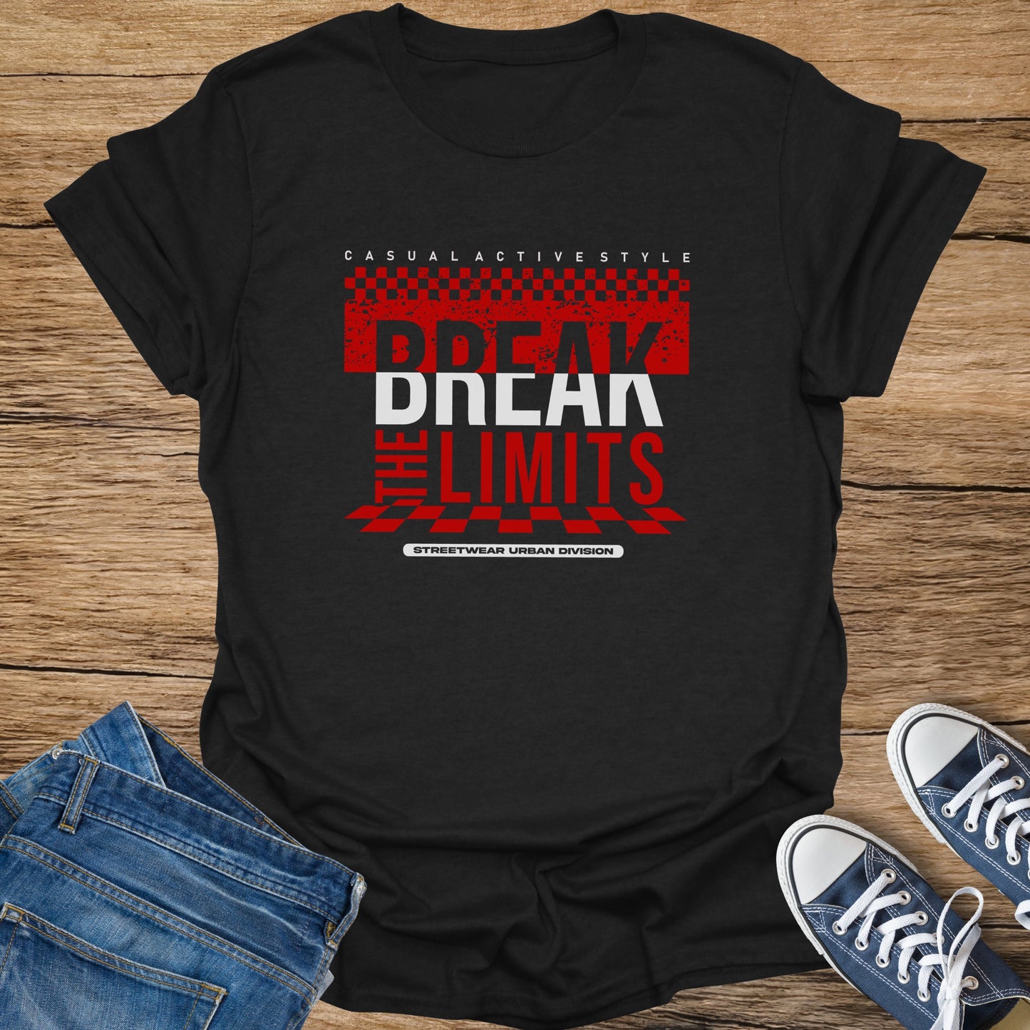 Black t-shirt with "BREAK THE LIMITS" text, red and white graphic design.