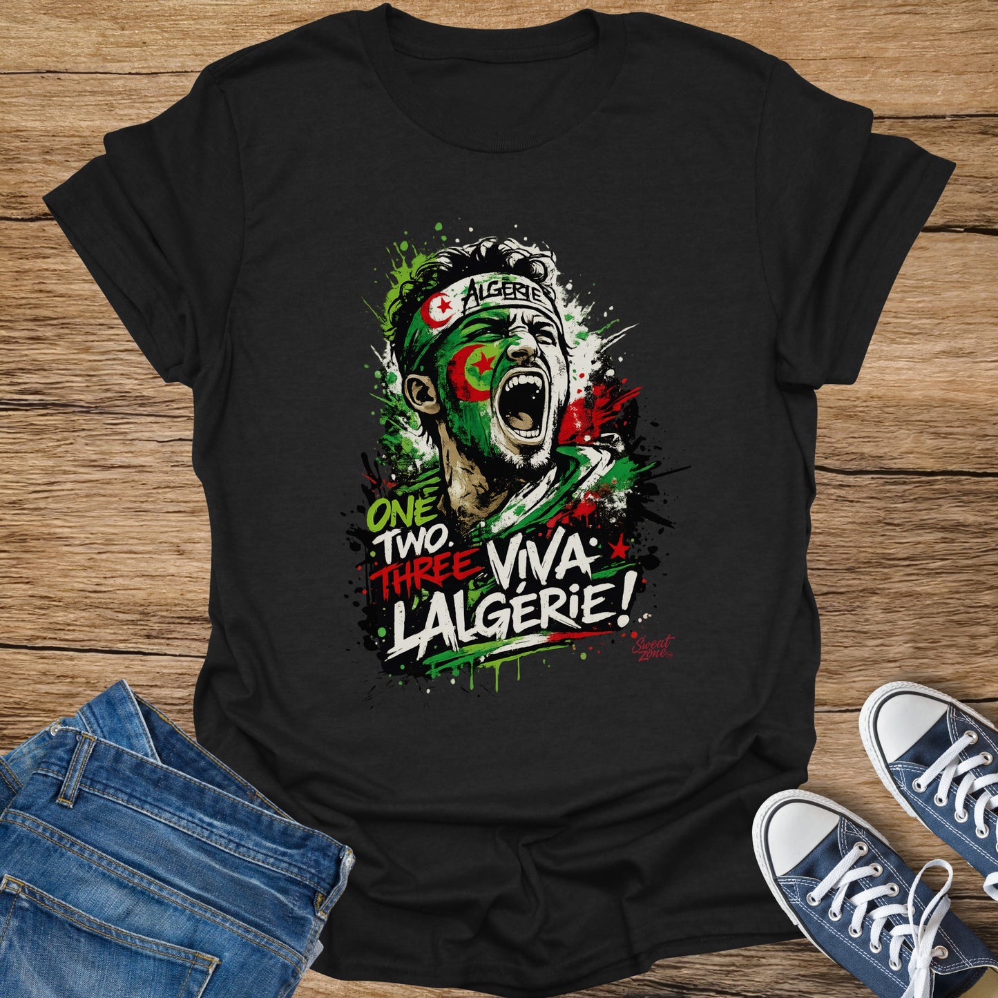 Black t-shirt featuring an illustration of a cheering Algerian football player.
