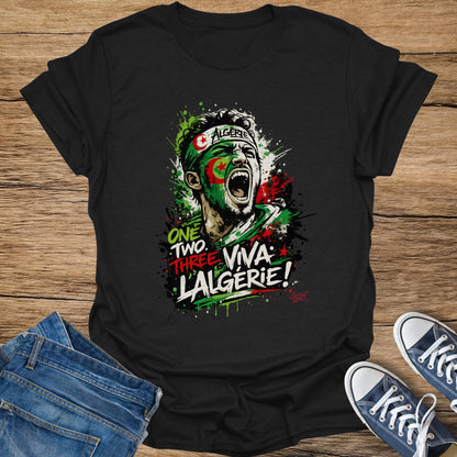 Black t-shirt featuring an illustration of a cheering Algerian football player.