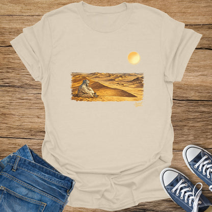 Light cream t-shirt with a desert scene and "Sweat Zone" text.