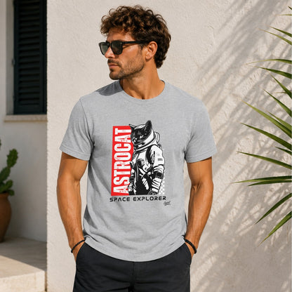 Grey t-shirt with "ASTROCAT SPACE EXPLORER" graphic of a cat in a spacesuit.