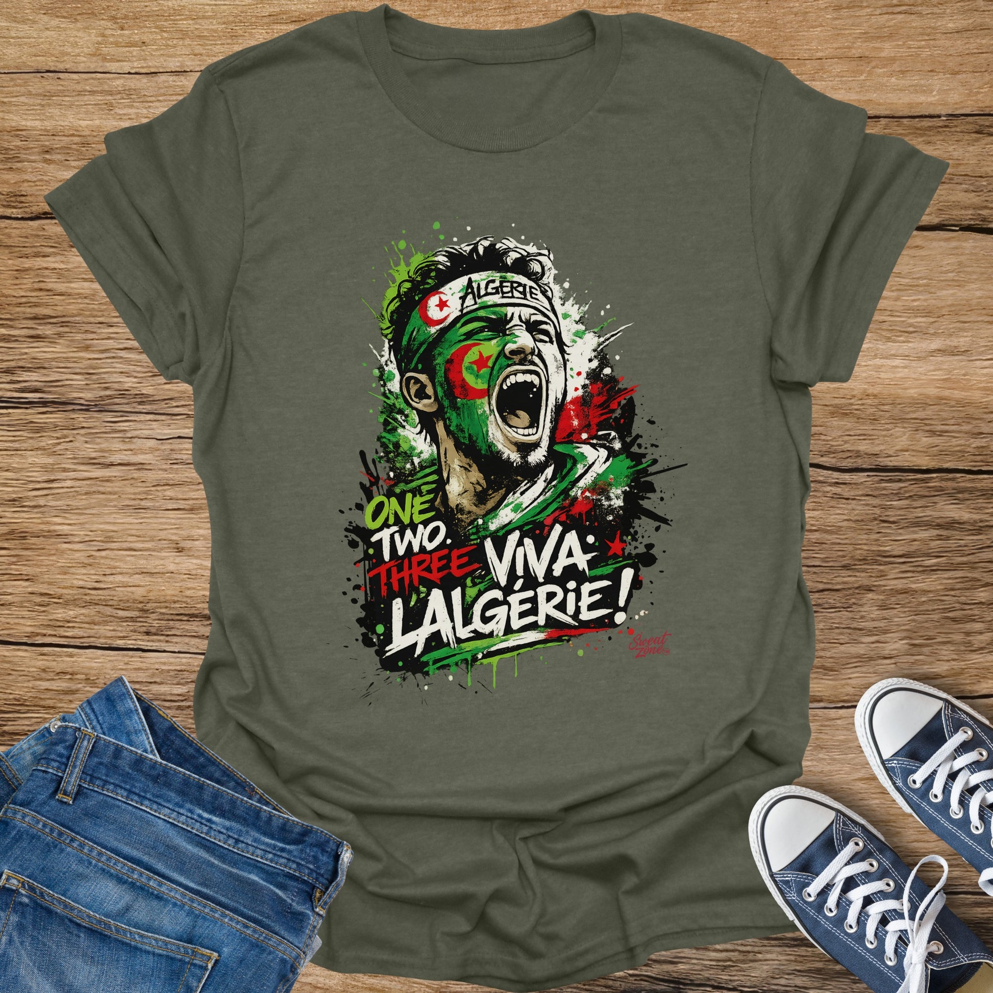 Green t-shirt with a distressed graphic of a shouting man with Algerian flag face paint.