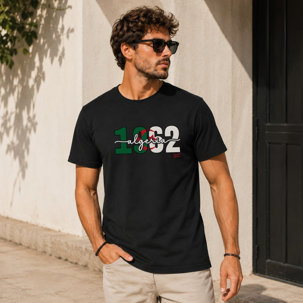 Black t-shirt with "1962 Algeria" text and Algerian flag colors.