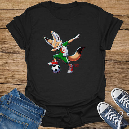 Black t-shirt with cartoon fennec fox wearing Algerian soccer uniform, dabbing with a soccer ball.