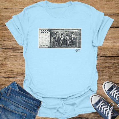 Light blue t-shirt featuring a graphic of Algerian 2000 dinar banknote with six men.