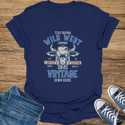 Navy t-shirt with Wild West Company bull graphic, vintage denim goods text.