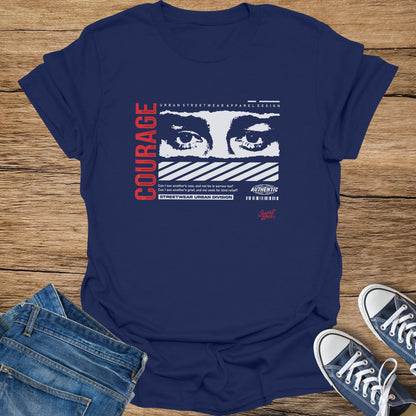 Navy t-shirt with "COURAGE" text, graphic of eyes, and streetwear design.