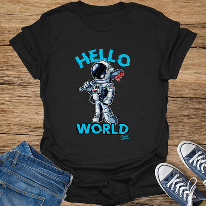 Black t-shirt with cartoon astronaut holding a bloody weapon and the text "HELLO WORLD".