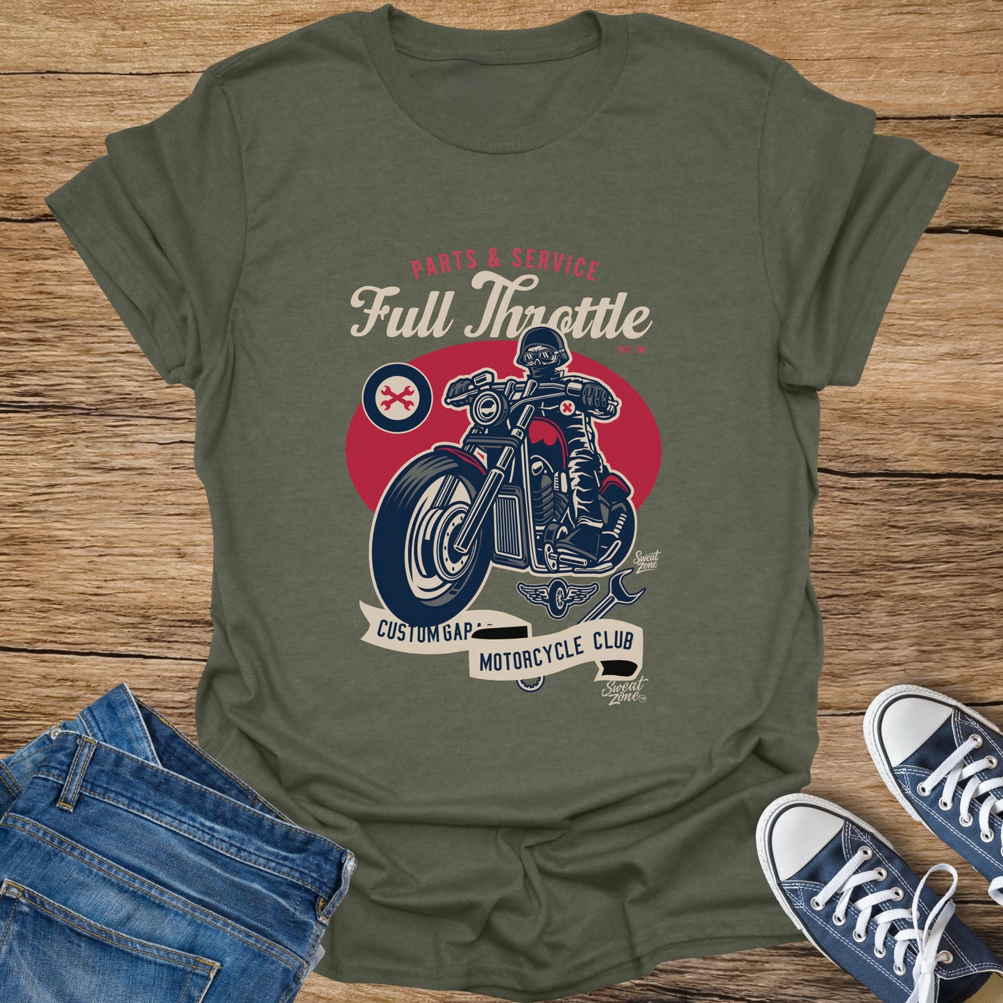 Green t-shirt with "Full Throttle Motorcycle Club" graphic featuring a biker.