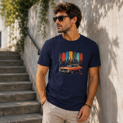 Navy t-shirt with vintage orange car and New York City skyline graphic.
