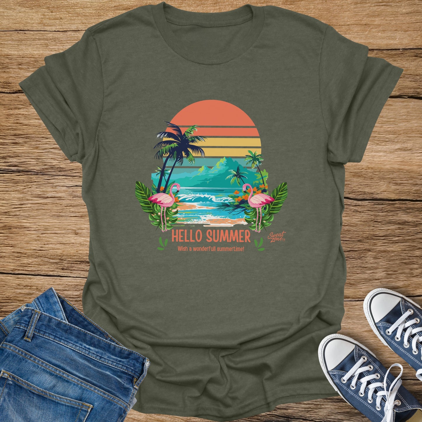 Green t-shirt with a tropical beach sunset scene and text "Hello Summer".