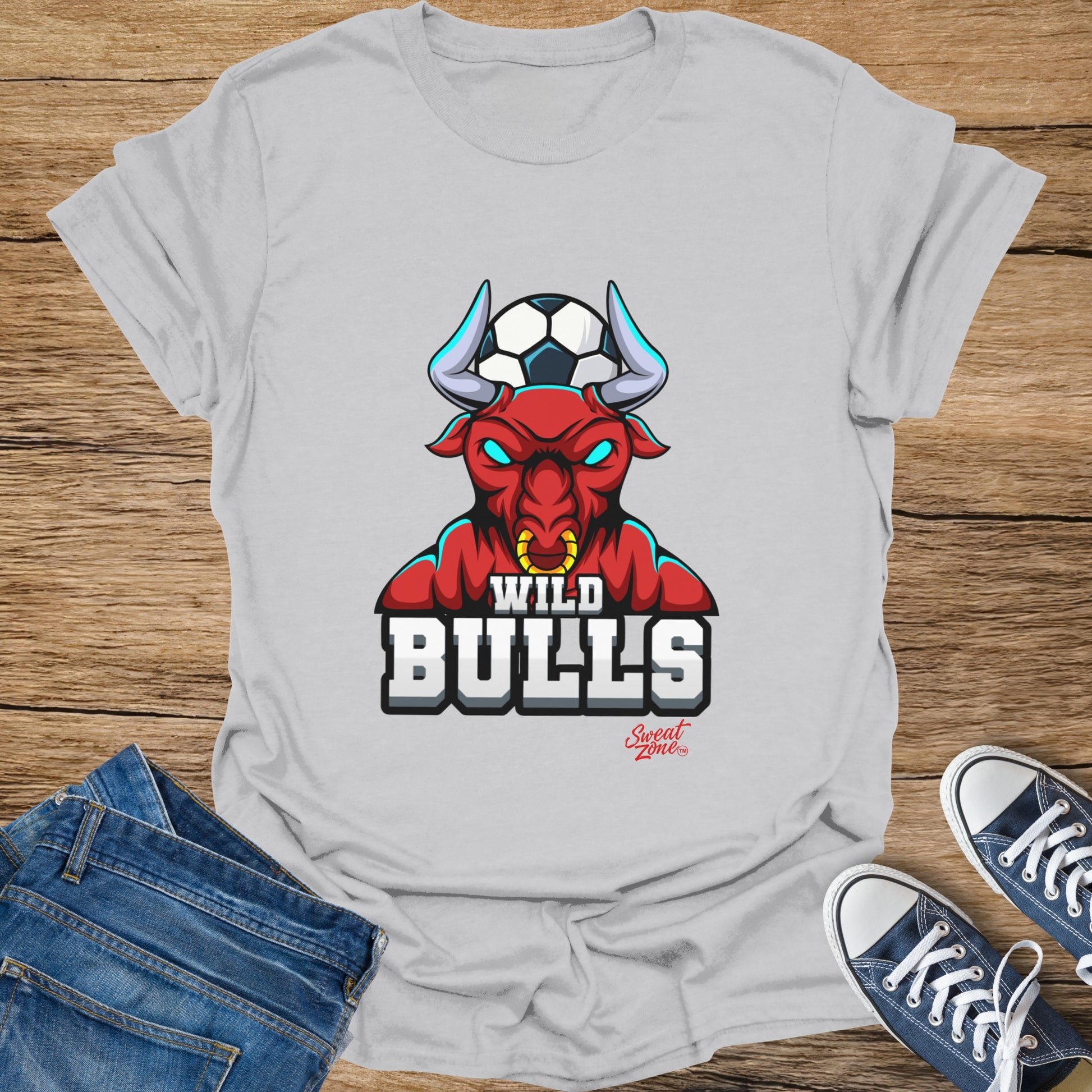 Grey t-shirt with a red bull graphic and "WILD BULLS" text.