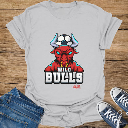 Grey t-shirt with a red bull graphic and "WILD BULLS" text.