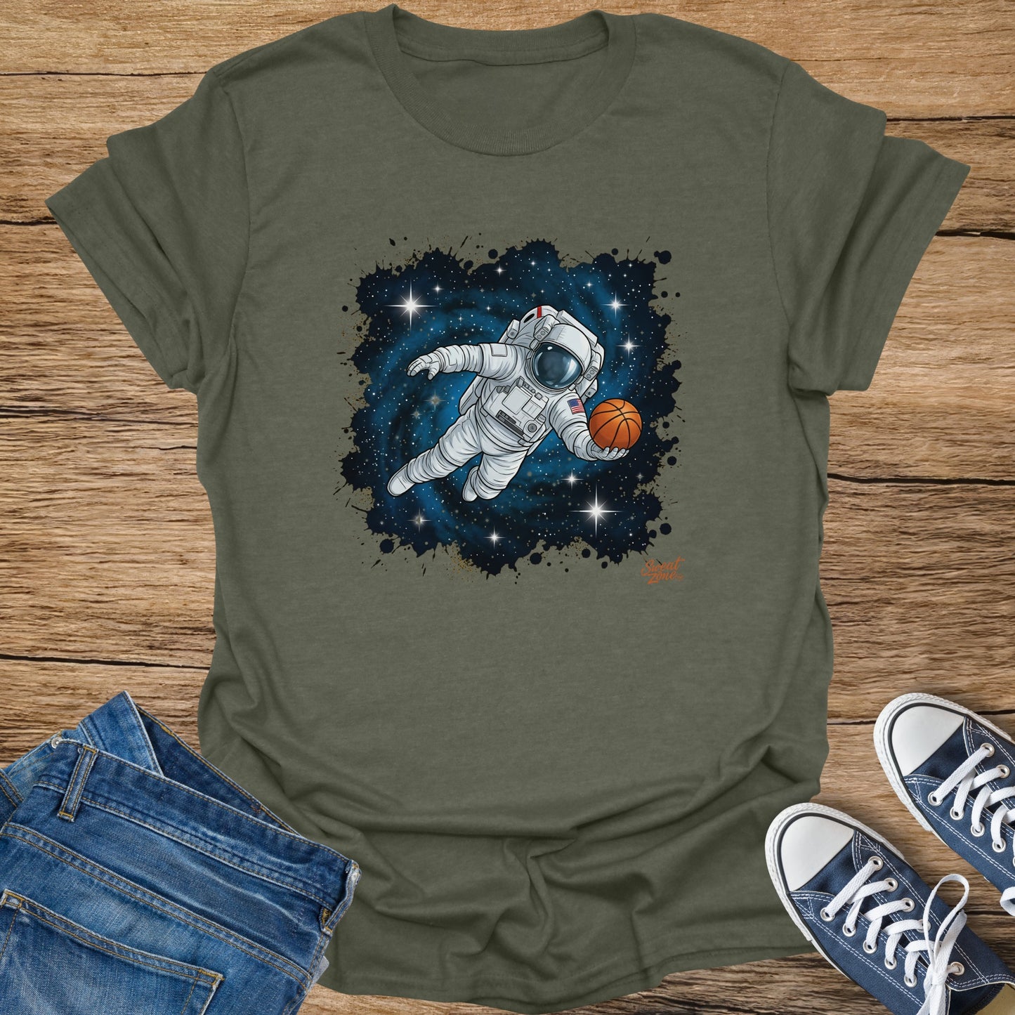 Astronaut floating and holding a basketball in space with stars.