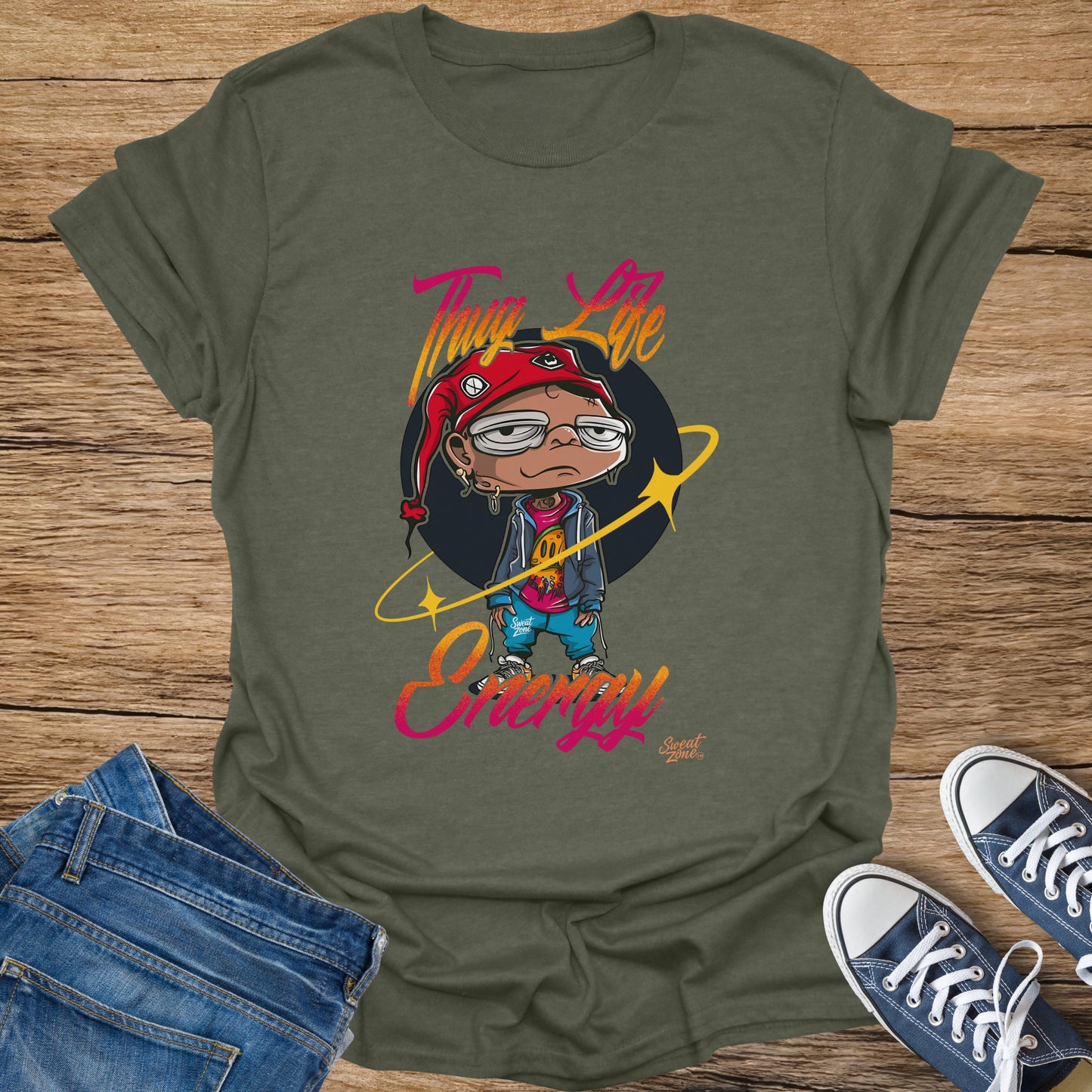 Green t-shirt with cartoon character wearing a red beanie and bold text.