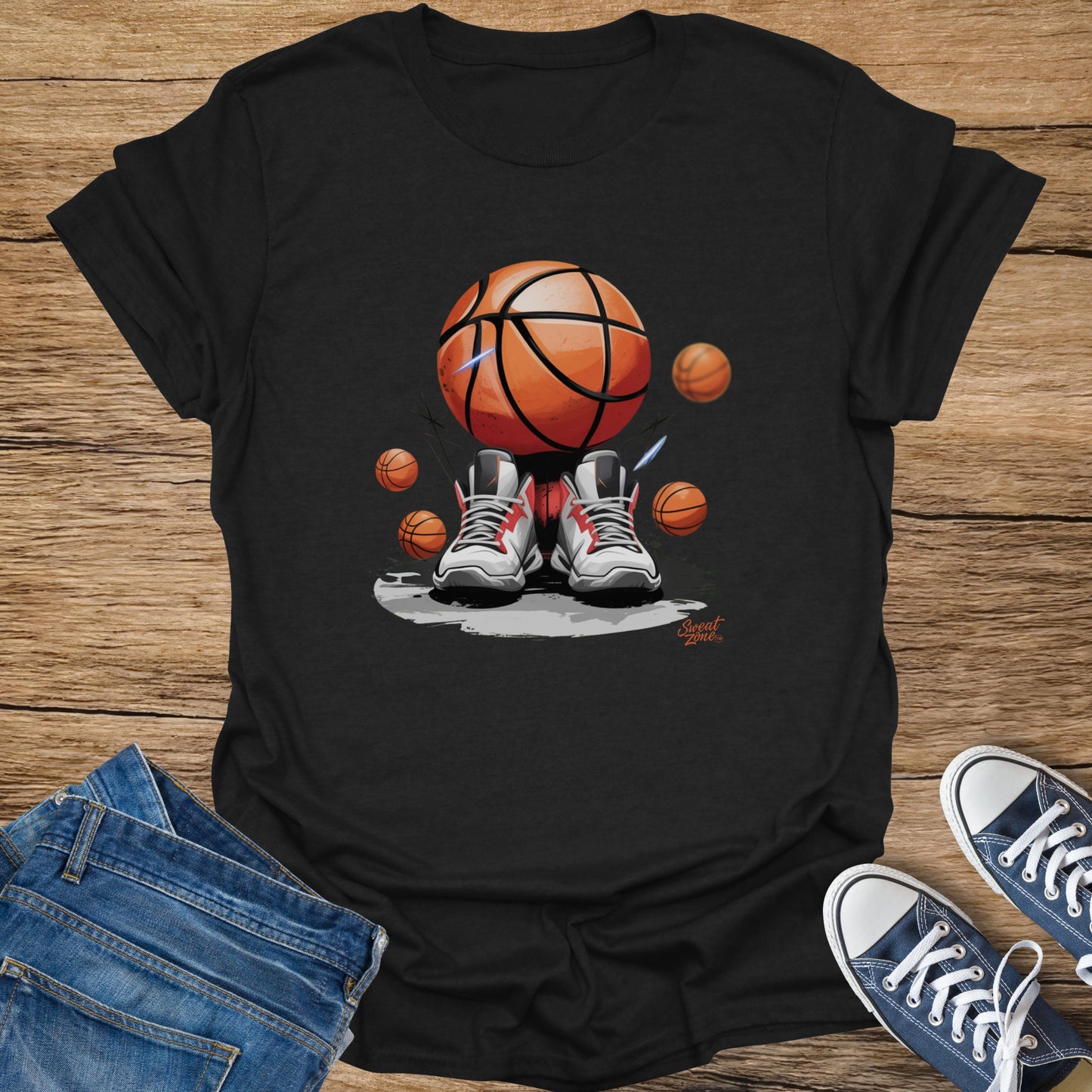 Black t-shirt with graphic of a basketball with sneaker legs, surrounded by small basketballs.