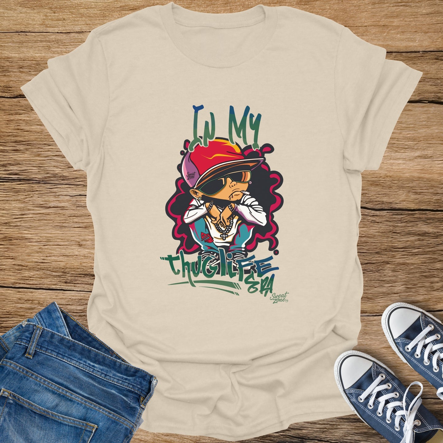 Cream t-shirt with cartoon character and text "IN MY THUG LIFE".