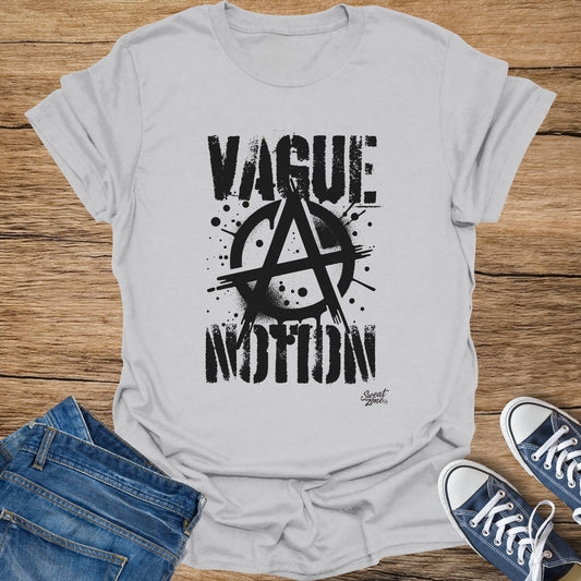White t-shirt with black "Vague Notion" text and anarchy symbol graphic.