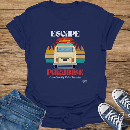Navy t-shirt with "Escape Paradise" graphic featuring a van and palm trees.